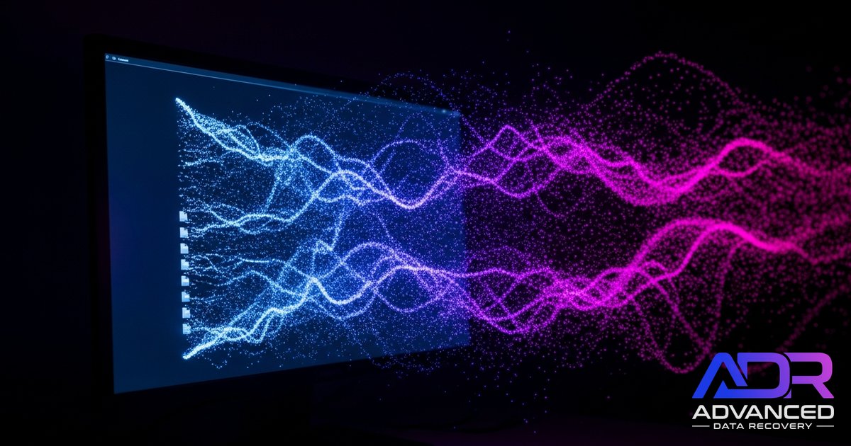 Files dissolving into glowing pixel streams on a darkened computer screen, ADR brand gradient