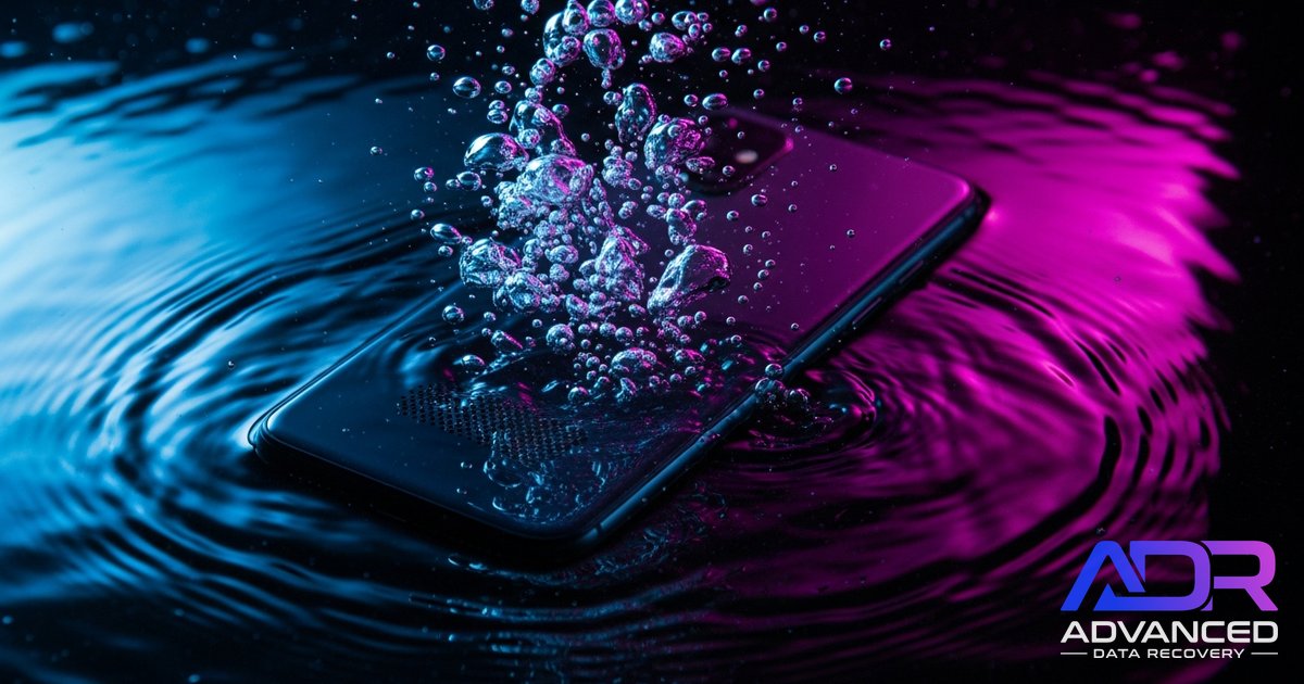 Smartphone partially submerged in water with rising air bubbles, lit in ADR's brand gradient